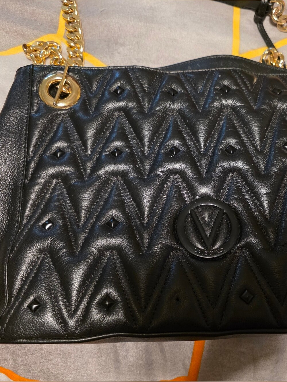 Valentino Black Quilted Shoulder Bag with Gold Chain